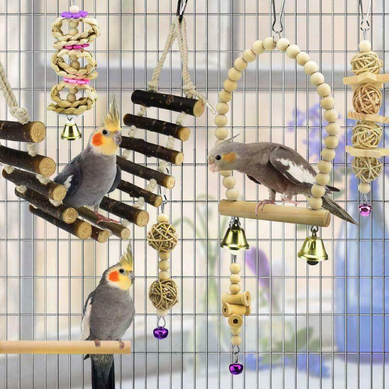 7Pcs Parrot Chew Toys Natural Wood Bird Swing Climbing Hanging Perch Bell Ball