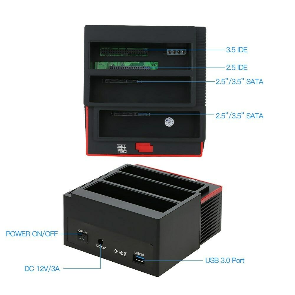 3 HDD Docking Station IDE SATA Dual USB 3.0 Clone Hard Drive Card Reader US
