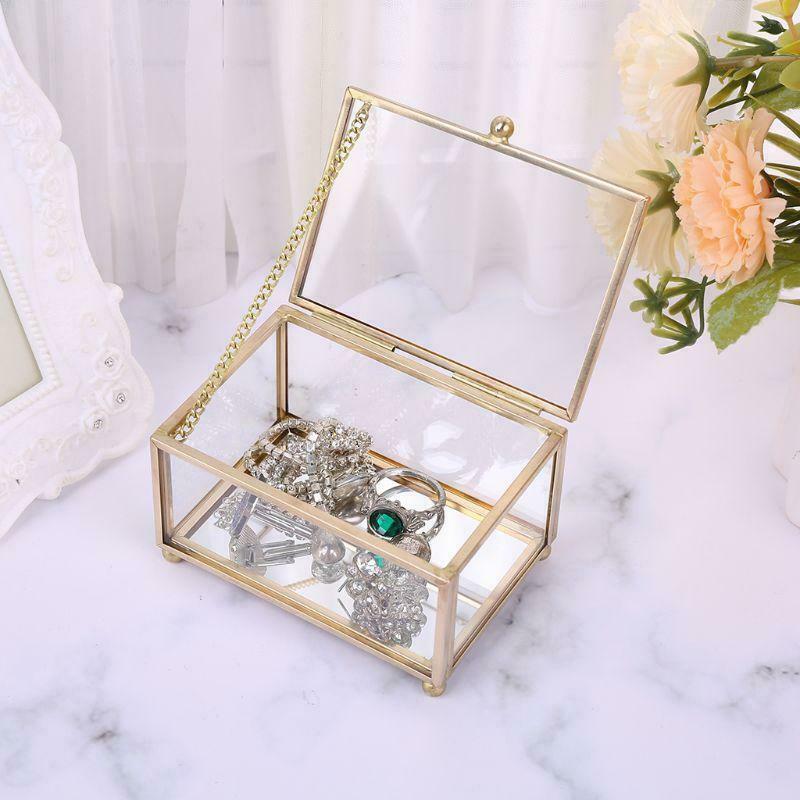 Rustic Wedding Ring Box Geometric Transparent Glass Jewelry Display Storage Hold