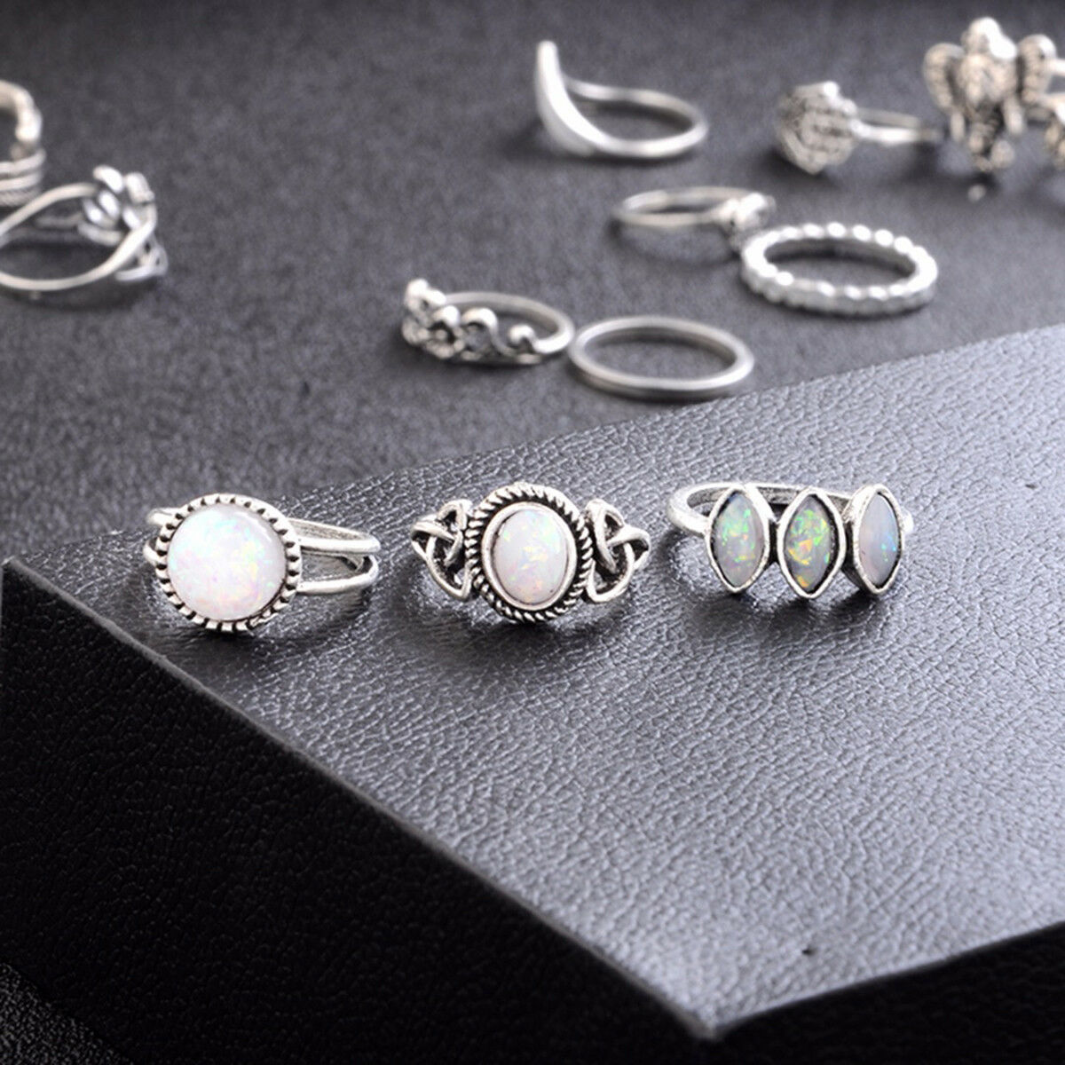 13 PCS/Set Boho Fatima Elephant Lotus Knuckle Rings Opal Rings Set Jewelry