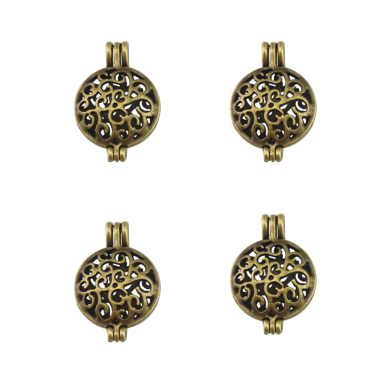 4 PCS Antiqued Bronze Alloy Round Hollow Locket Oil Diffuser Charms Pendants