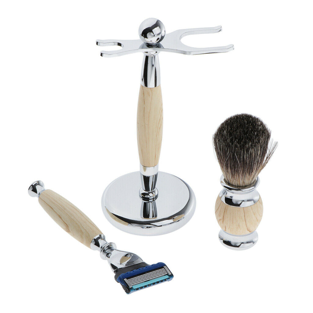 Mens Shaving Kit Gift Set w/5 Layer Blade Razors Brush & Stand Holder Beige