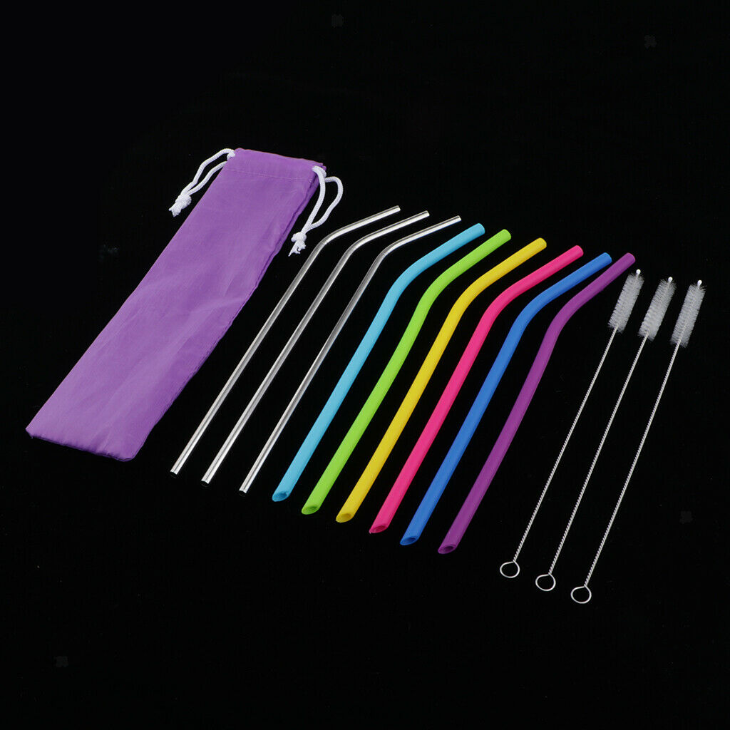 Reusable Drinking Straws Multicolor 6pcs Silicone 3pcs Stainless 3pcs Brush
