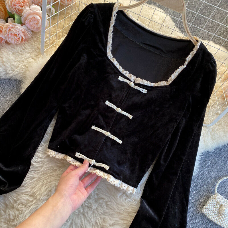 Women Velvet Blouse Lace Square Neck Crop Tops Frog Button Shirt Black Retro