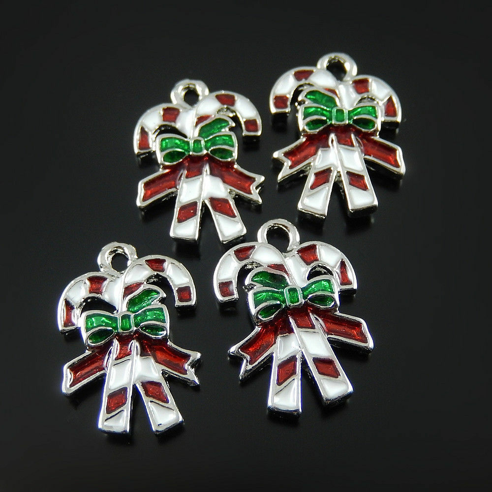 Colorful Enamel Alloy Xmas Sticks Bow-knot Charms Pendant Crafts 20pcs 52152