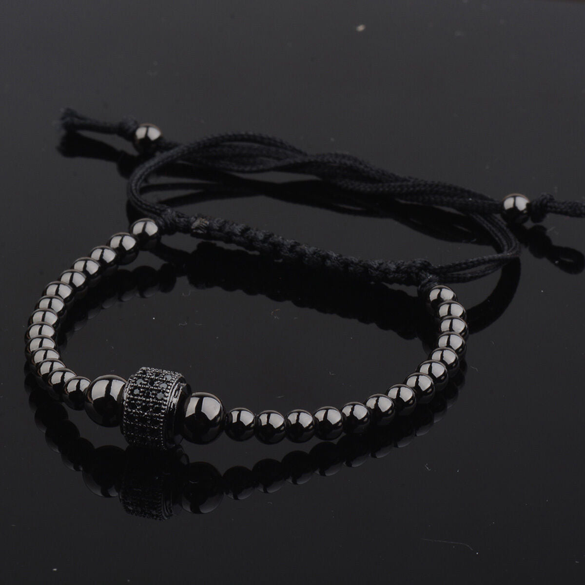 Fashion Man's Rhodium Plated Zircon Roundel Beaded Macrame Bracelet Friendship