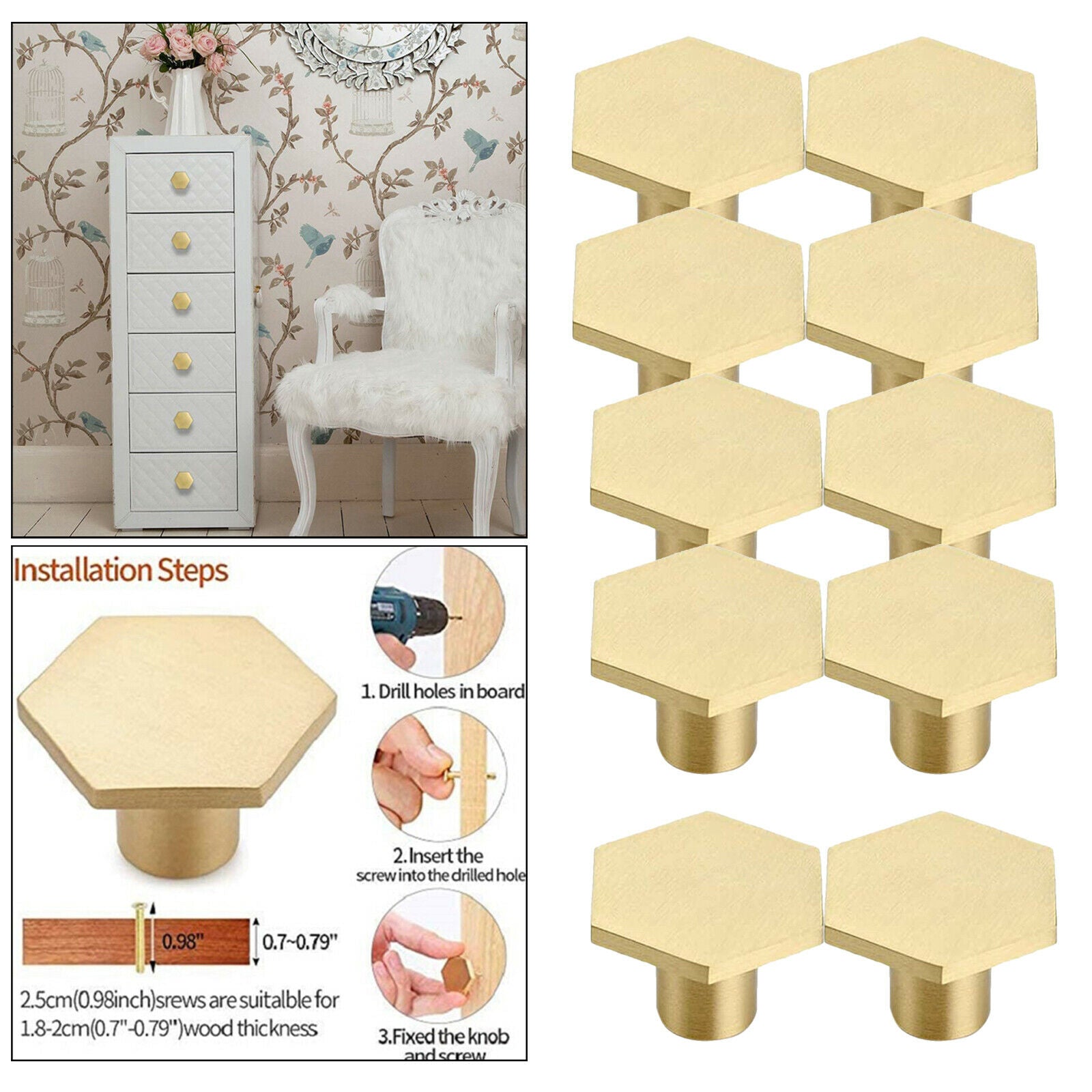 10Pcs Round Brass Cabinet Knobs Drawer Furniture Wardrobe Pull Handles 30x21mm