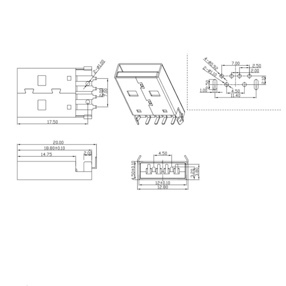 10Pcs A Type 4Pin USB 2.0 Male Plug SMT Connector For Data Transmission Charging