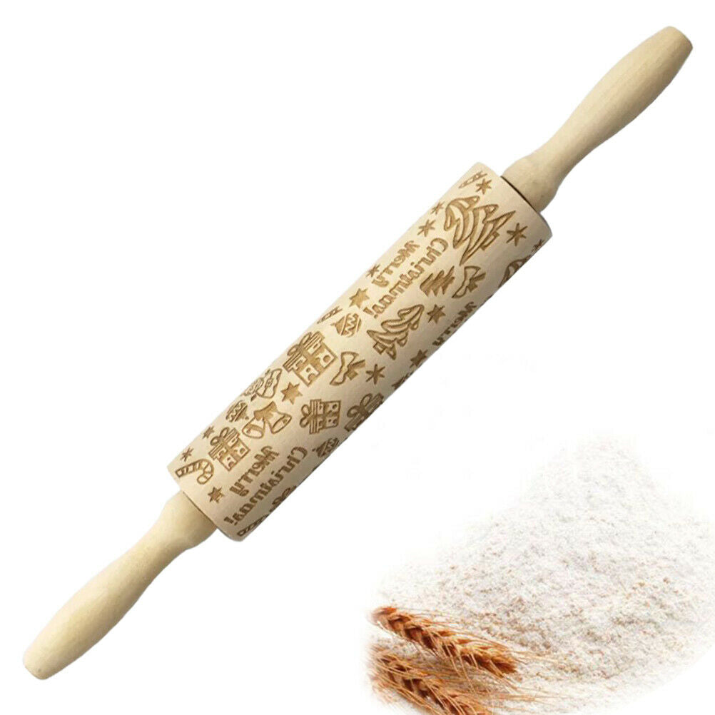 Natural Wood Wooden Embossing Christmas Rollers Rolling Pin for Baking Tools