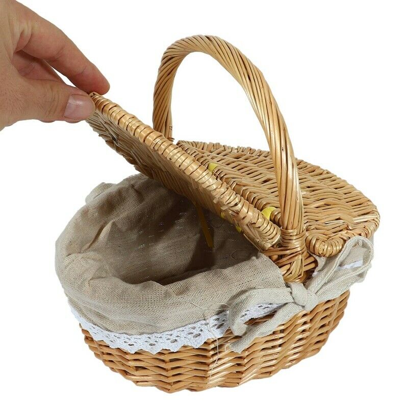 1X(Handmade Wicker Basket with Handle, Wicker Camping Picnic Basket with Dou6H2)
