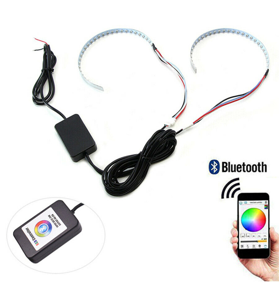 2X LED Demon Eye Halo Ring Car Headlight Projector Lens Bluetooth Remote Control