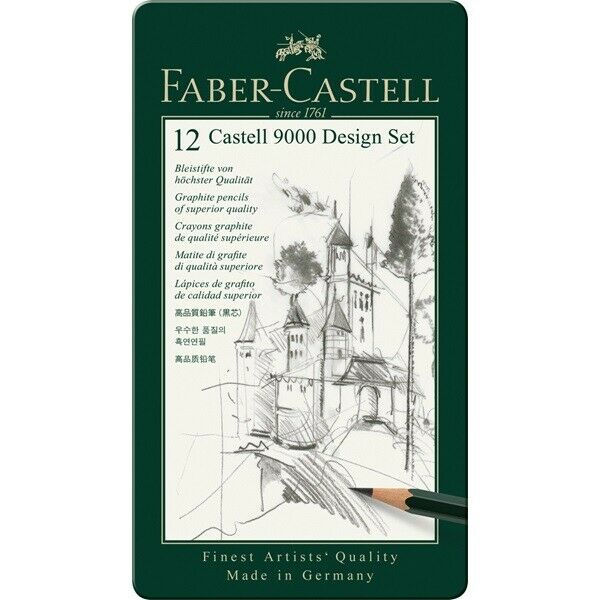 #119064 Faber Castell Tin of 12 Castell 9000 Graphite Pencils Artists Design Set