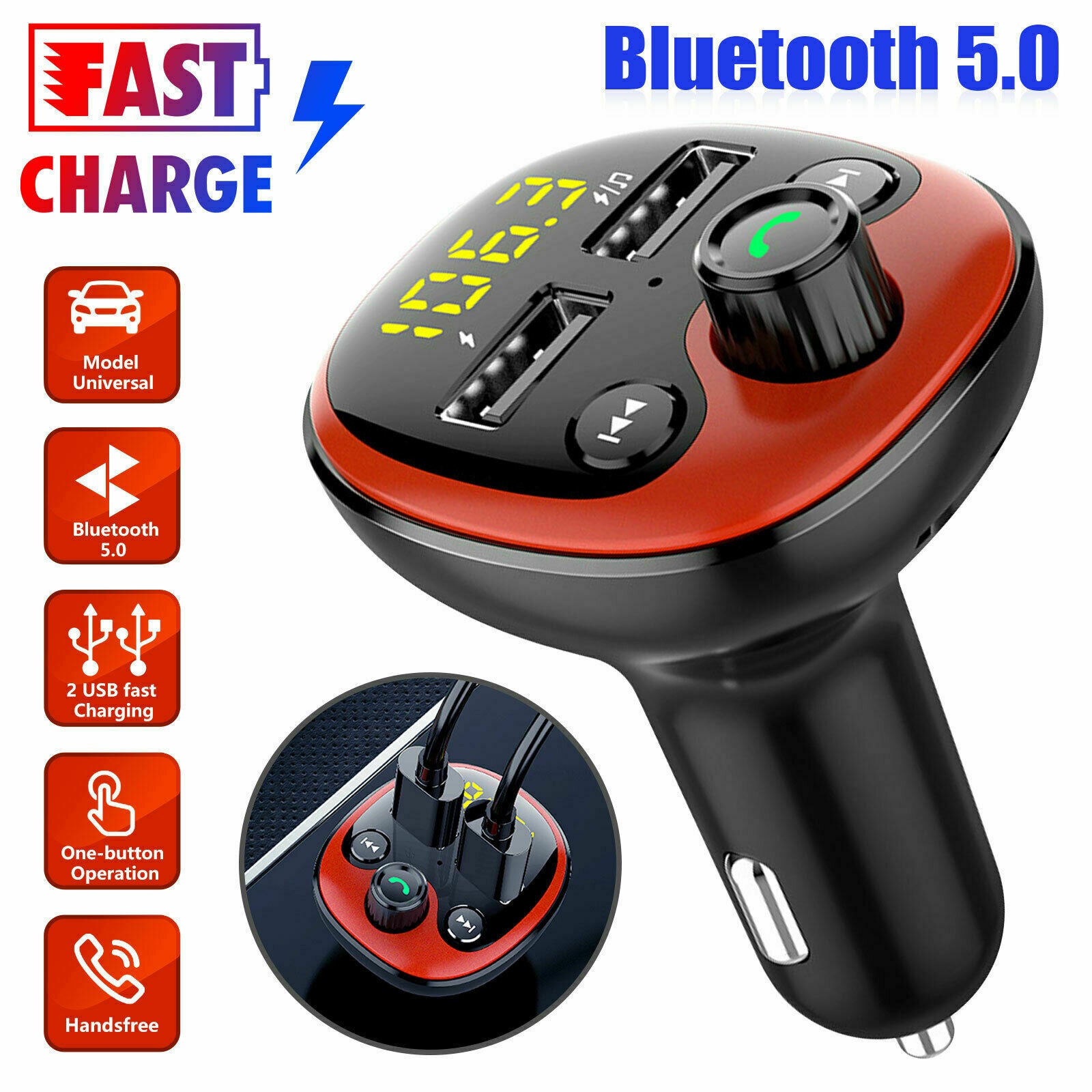 Bluetooth Wireless  5.0 Car FM Transmitter Adapter 2 USB Charger AUX Hands-Free
