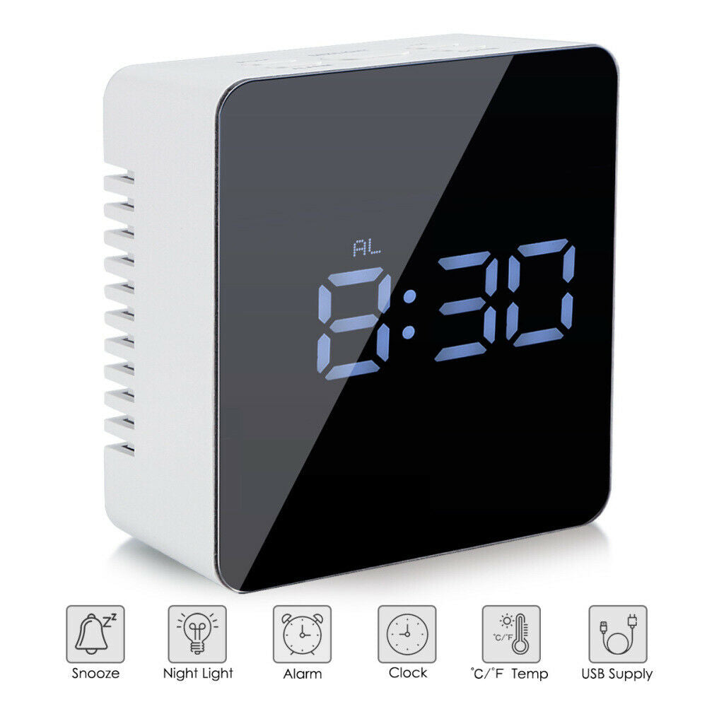 USB LED Digital Alarm Clock Night Light Thermometer Display Mirror Lamp