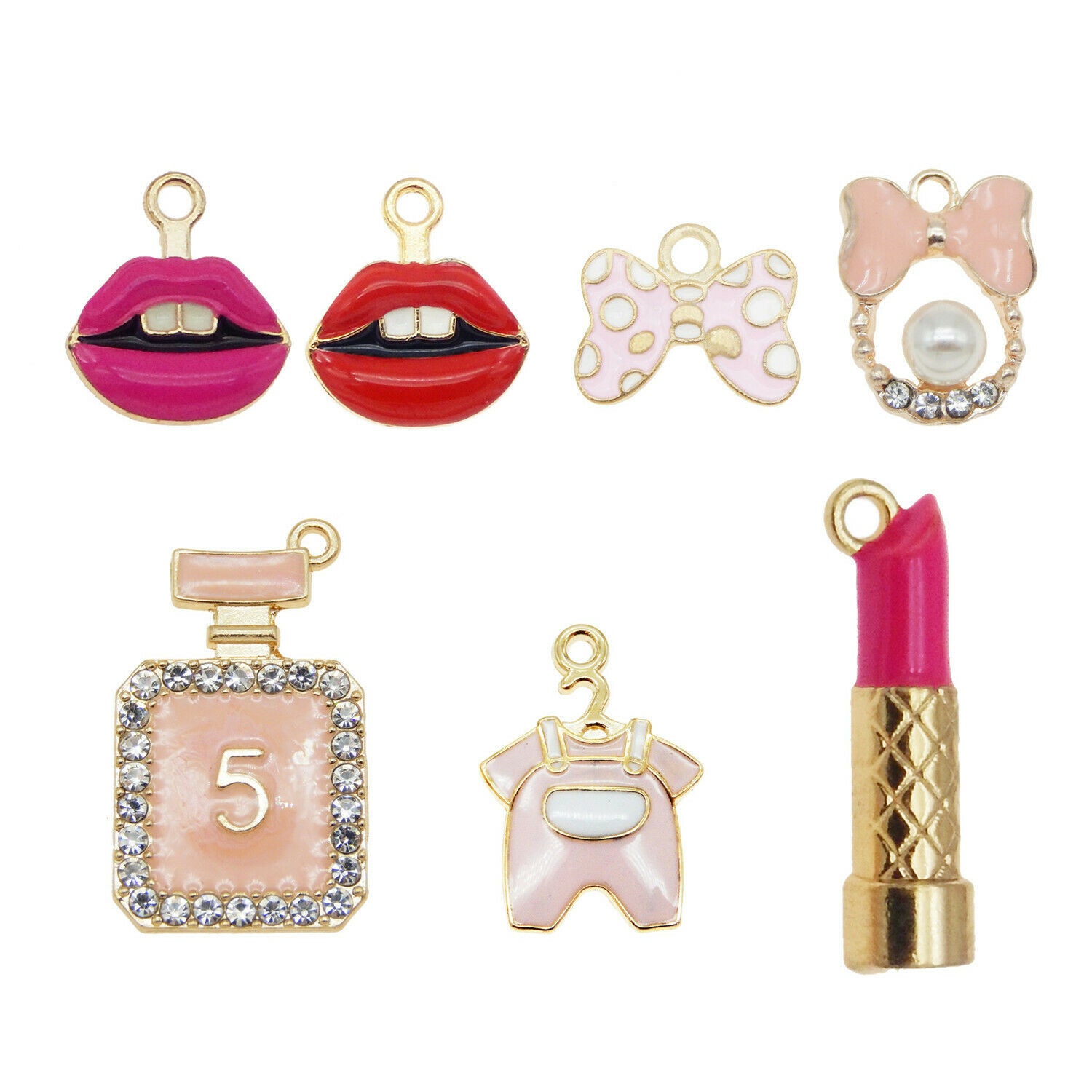 14 PCS Assorted Pink Women Cosmetic Enamel Charm Lipstick Bowknot Alloy Pendant