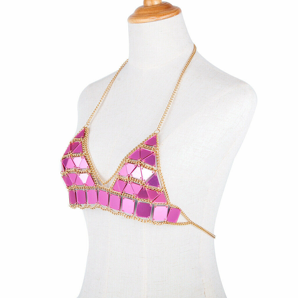 Triangle Sequin Halter Bra Chain Women Summer Bikini Rose Red Chest Chain