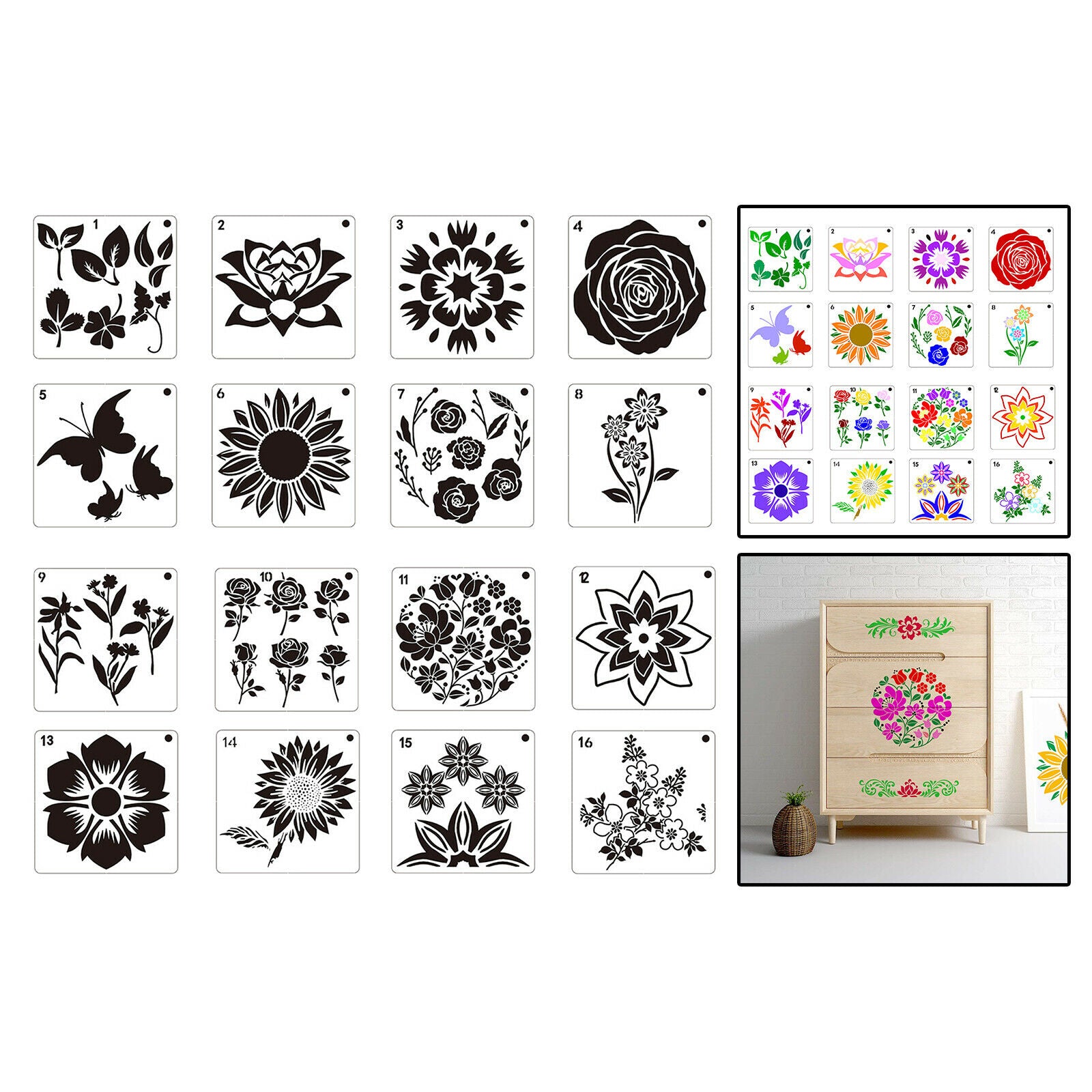 16x Flowers Pattern Plastic Painting Drawing Template Stencil for Decor Card