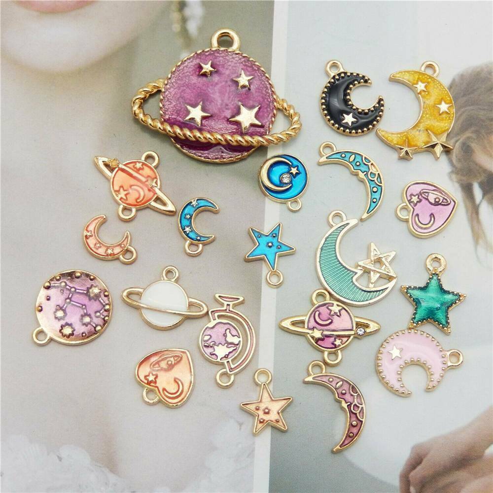 20X Enamel Plated Mixed Moon Star Planet Pendant Charms For Jewelry DIY Findings
