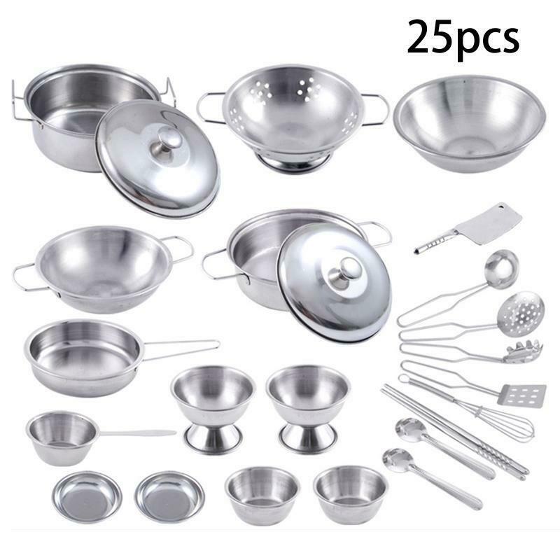 25Pcs Stainless Steel Kids House Kitchen Toys Children Pretend Play Cookware Set
