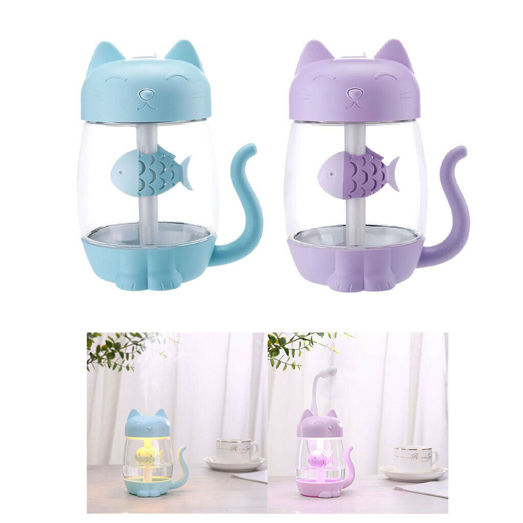 2 lot USB Cat Humidifier Fan LED Light Air Diffuser for Car Desk Purple+Blue
