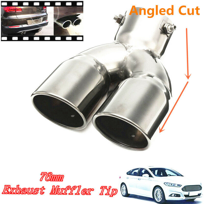 76mm 3" Universal Car Stainless Twin Double Chrome Exhaust Pipe Muffler Tail Tip