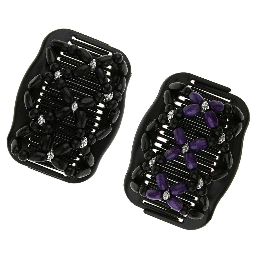 2x Magic Wooden Beads Stretch Double Slide Comb Bun Maker Hair Stying Tool