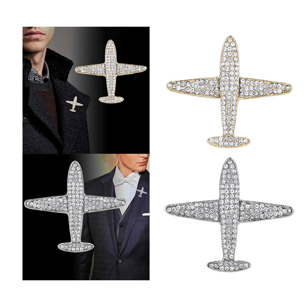 2Pieces Mens Airplane Brooch Lapel Corsage Crystal Rhinestion Badge Jewelry