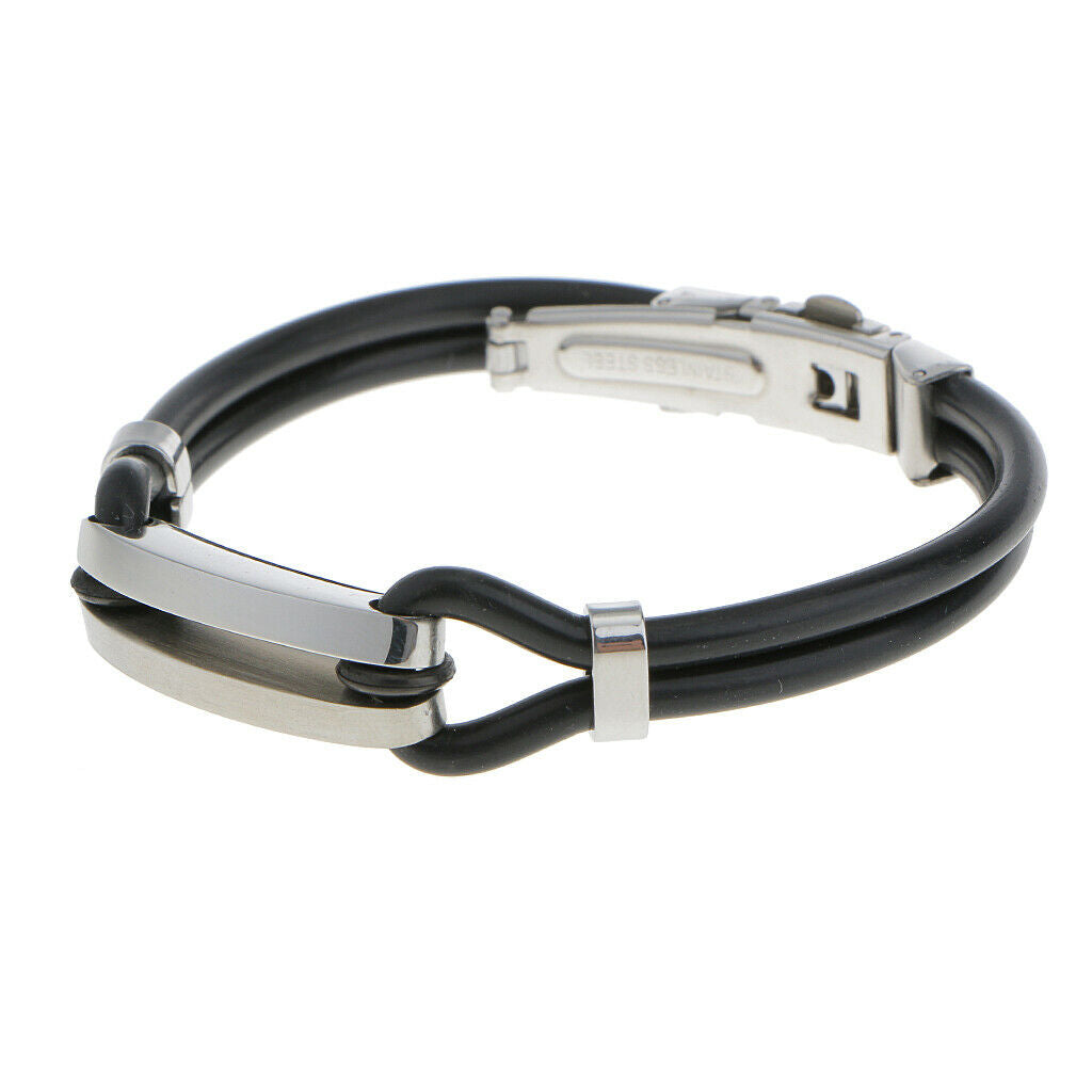 Simple Style Cool Stainless Steel Mens Rubber Fold Over Clasp Wristband Bracelet