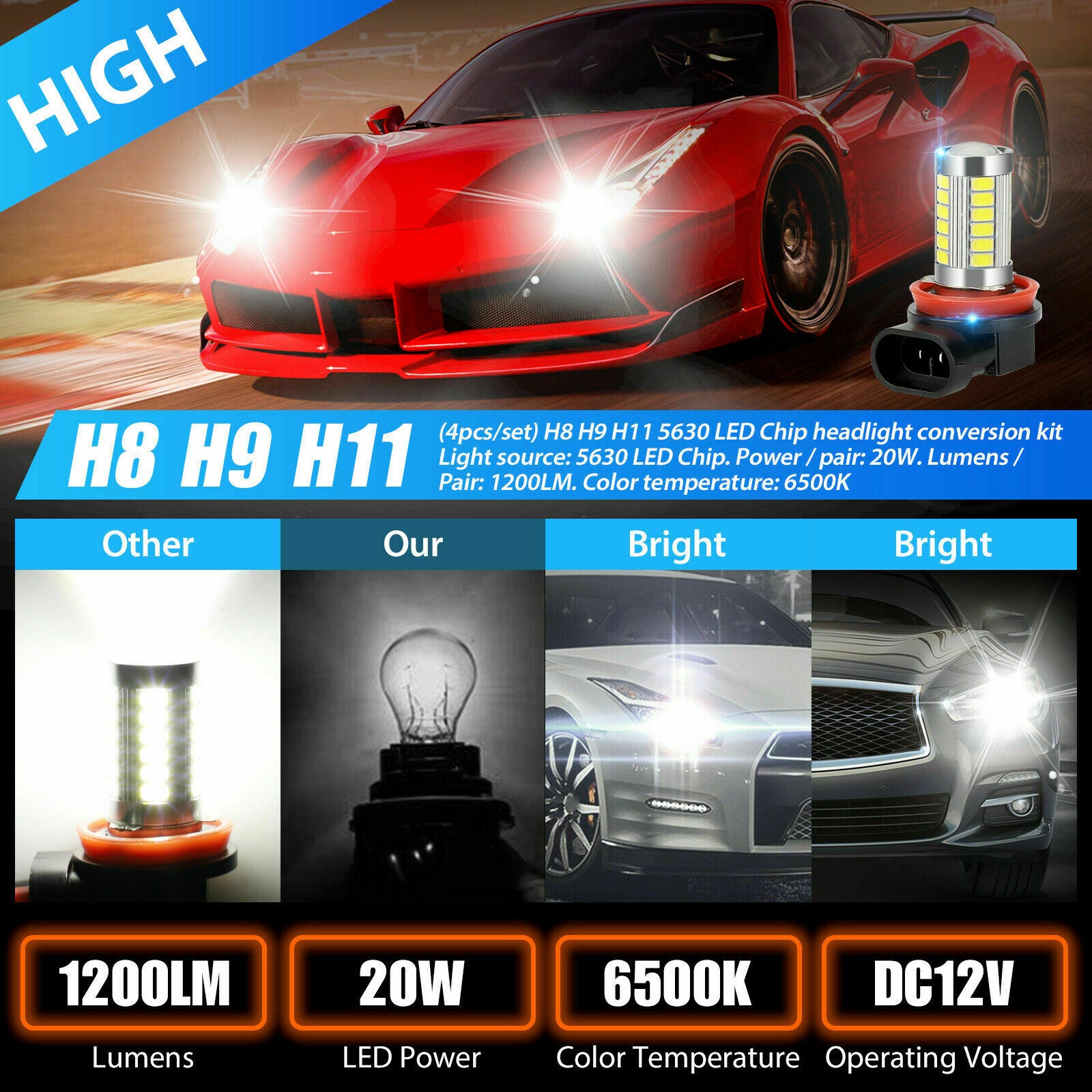 4x H11 H9 H8 LED Headlight Kit High/Low Beam Fog Driving Bulbs 6500K Xenon White