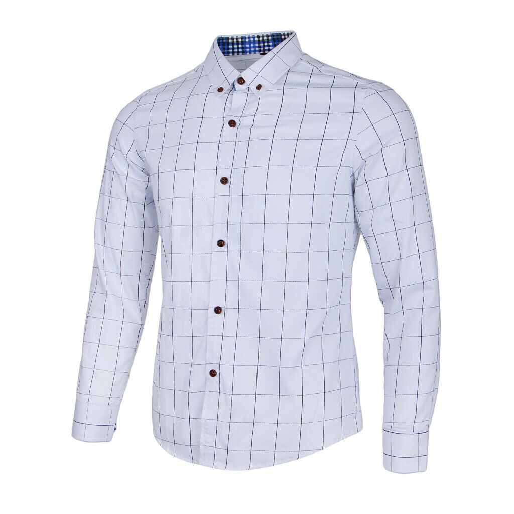 Mens Classical Plaid Print Shirt Cotton Causal Long Sleeve Shirt M White