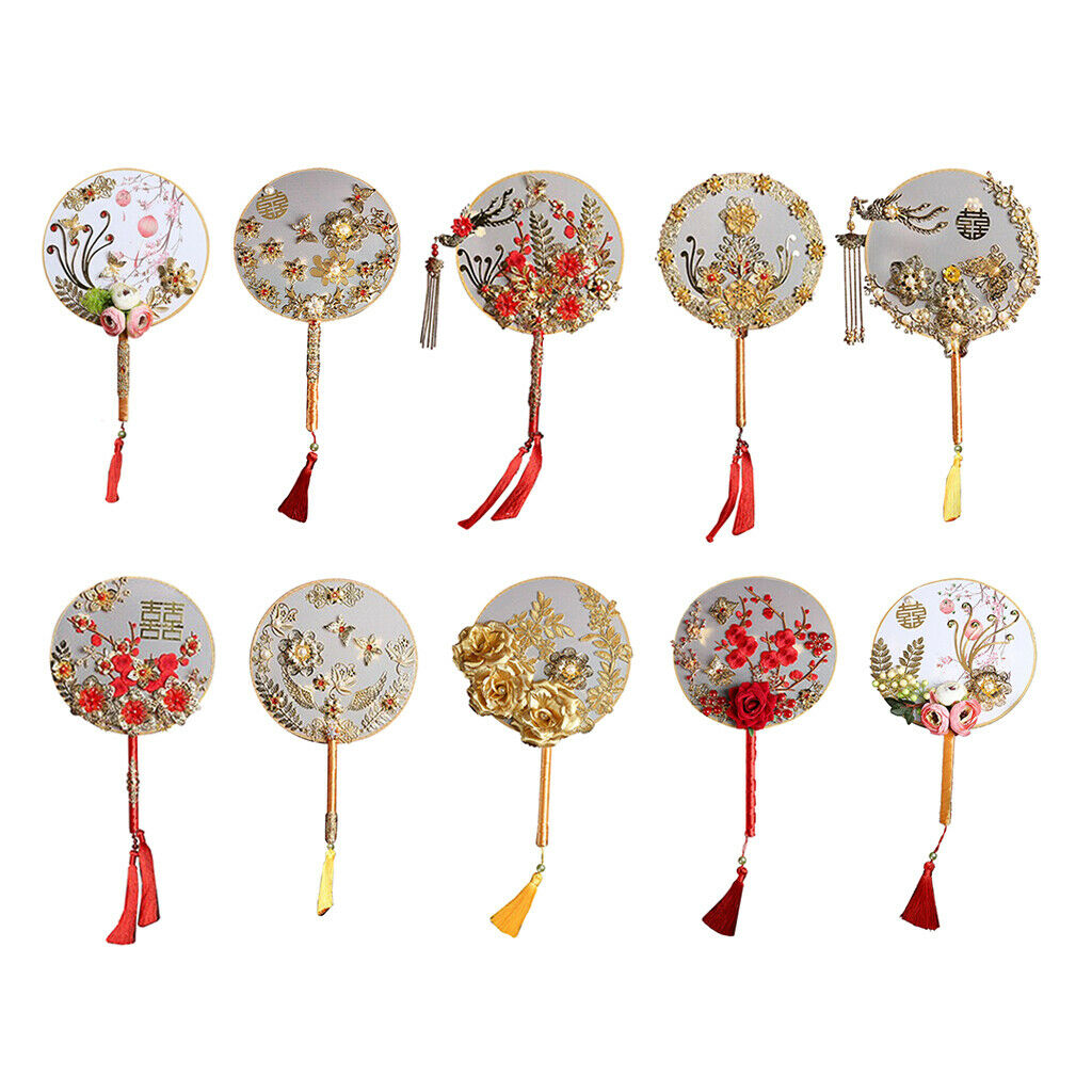 1 Set DIY Handmade Round Fan Chinese Style Wedding Bride Round Hand Fans A