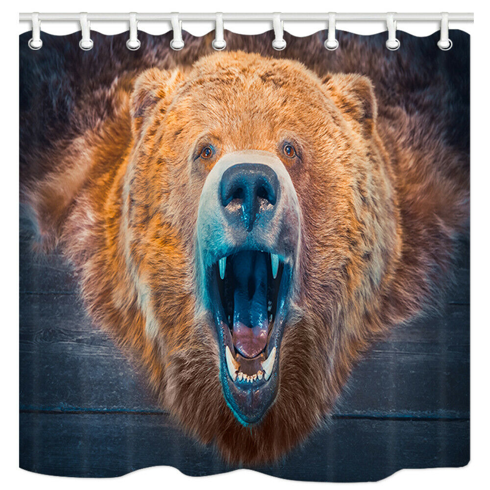 Roaring Brown Bear Fabric Bathroom Shower Curtains & Hooks 71x71"