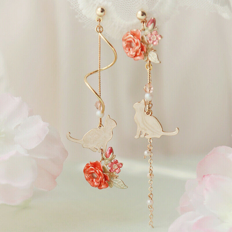 Sweet Cute Cat Flowers Leaves Pendant Flower Tassel Earrings Jewelry Earr.l8