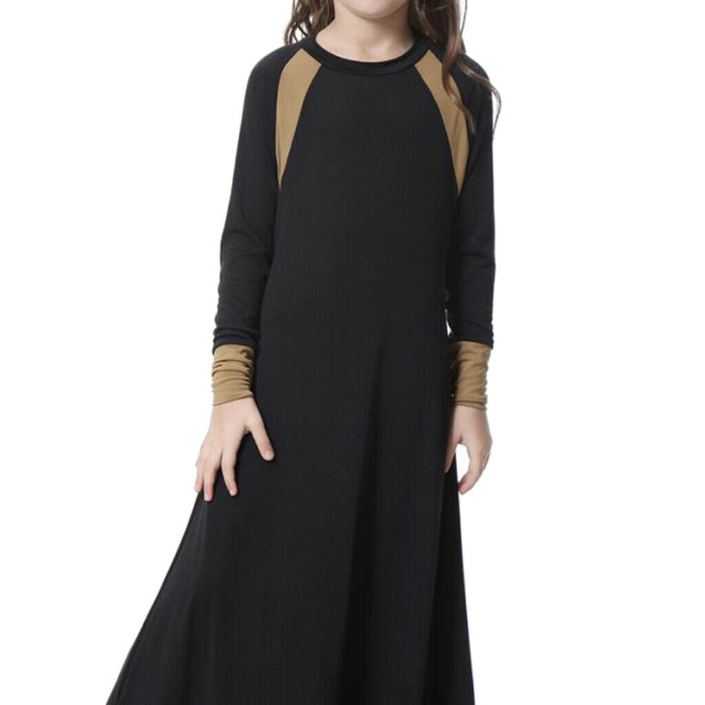 Girls Hit Color Long Sleeve Muslim Maxi Dress Ball Gown Abayas Black S