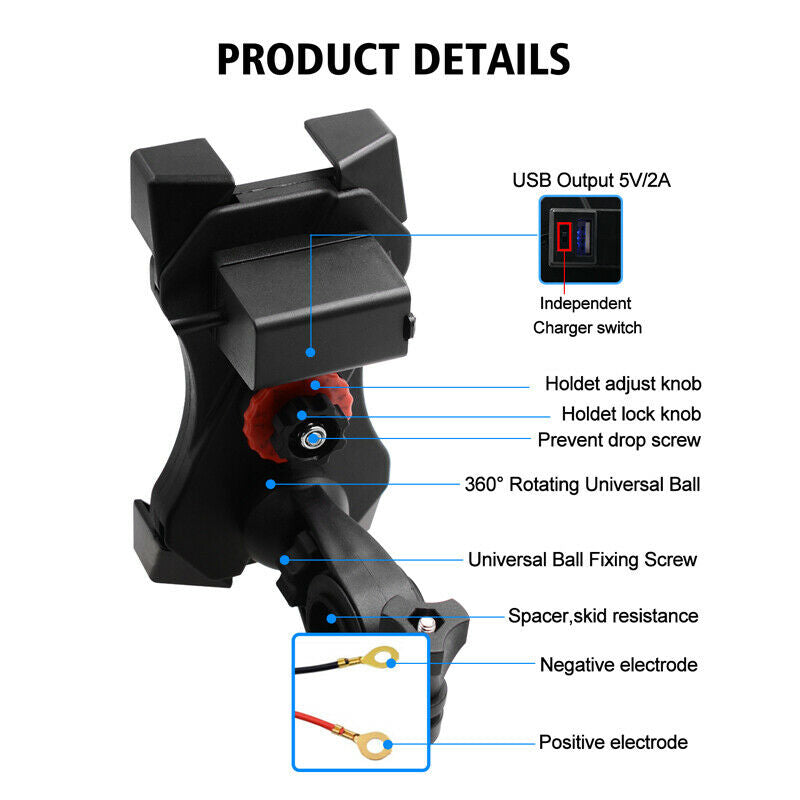 1PC One Button Lock Motorcycle Bikes Handlebar Phone Holder USB Charging Bracket