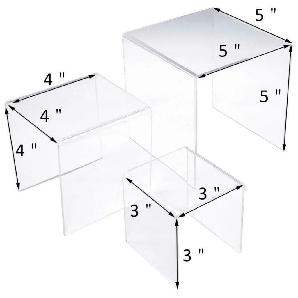 3,4,5 Inch Square Acrylic 1/8" Riser Display Stands Showcase 2 Sets, Clear