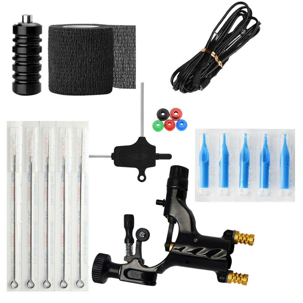 Tattoo Kit Rotary Machine Needles Tubes Clip Cord Bandage Grommets Set Black