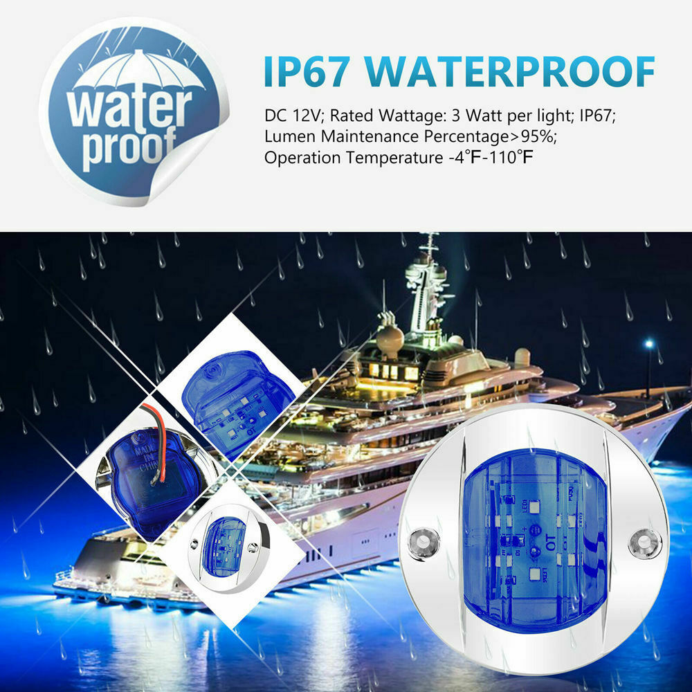 2X Round Marine Boat LED Courtesy Lights Cabin Deck Stern Navigatioin Light Blue