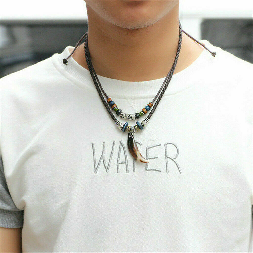 Fashion Men's Bohemia Wolf Tooth Pendant Leather Beaded Weaved Necklace Jewelry