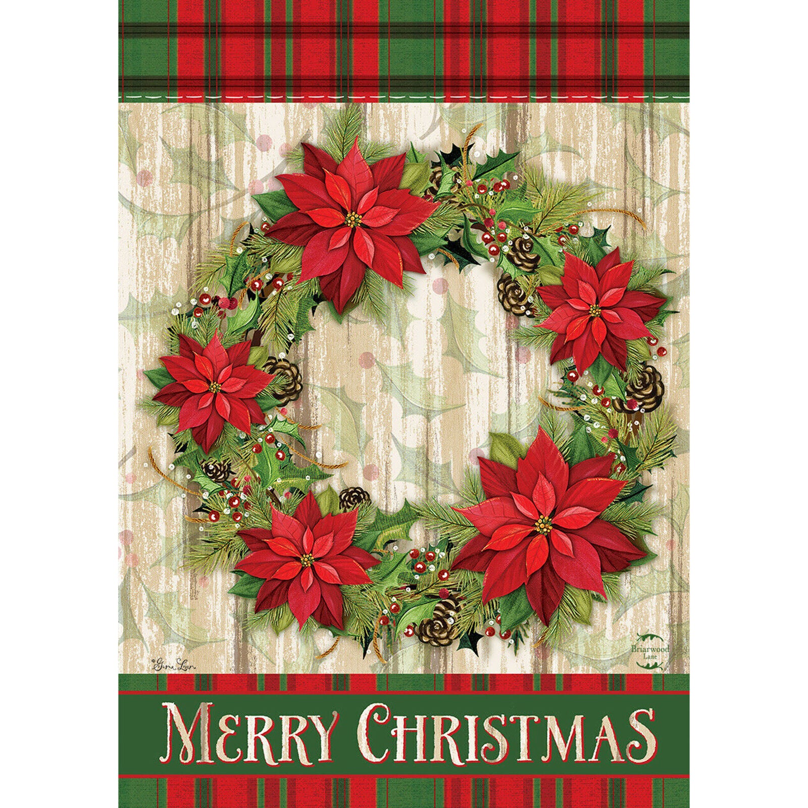 Poinsettia Wreath Christmas House Flag Plaid Floral 28" x 40" Briarwood Lane NEW