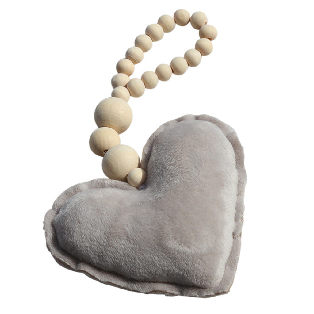 Wooden Beaded Grey Heart Hanging Ornament for Home Wedding DIY Decor
