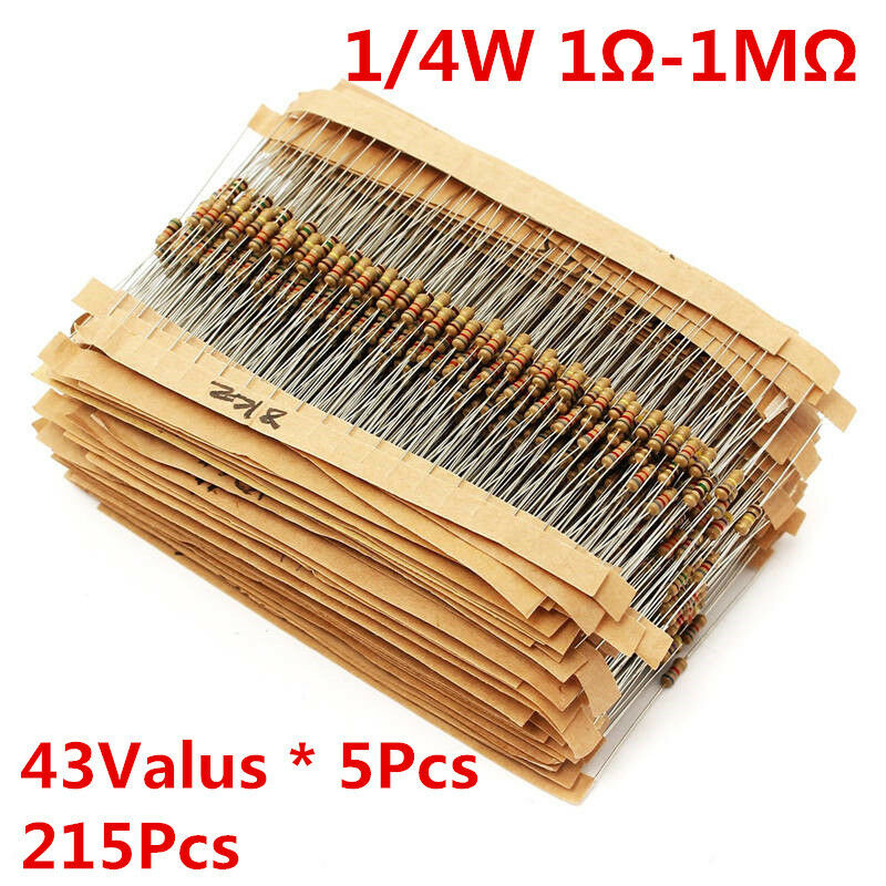 215Pcs 43 Values 1/4W 0.25W Carbon Film Resistors Assortment kit 1-1M Ohm Ω