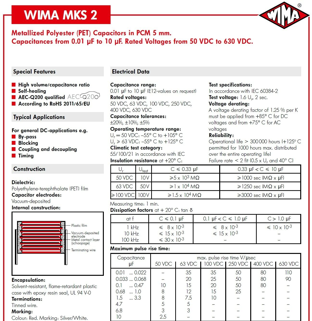 1pcs - WIMA MKS2 10uF (10µF) 50V 5% pitch:5mm Rated Polyester Film Capacitor