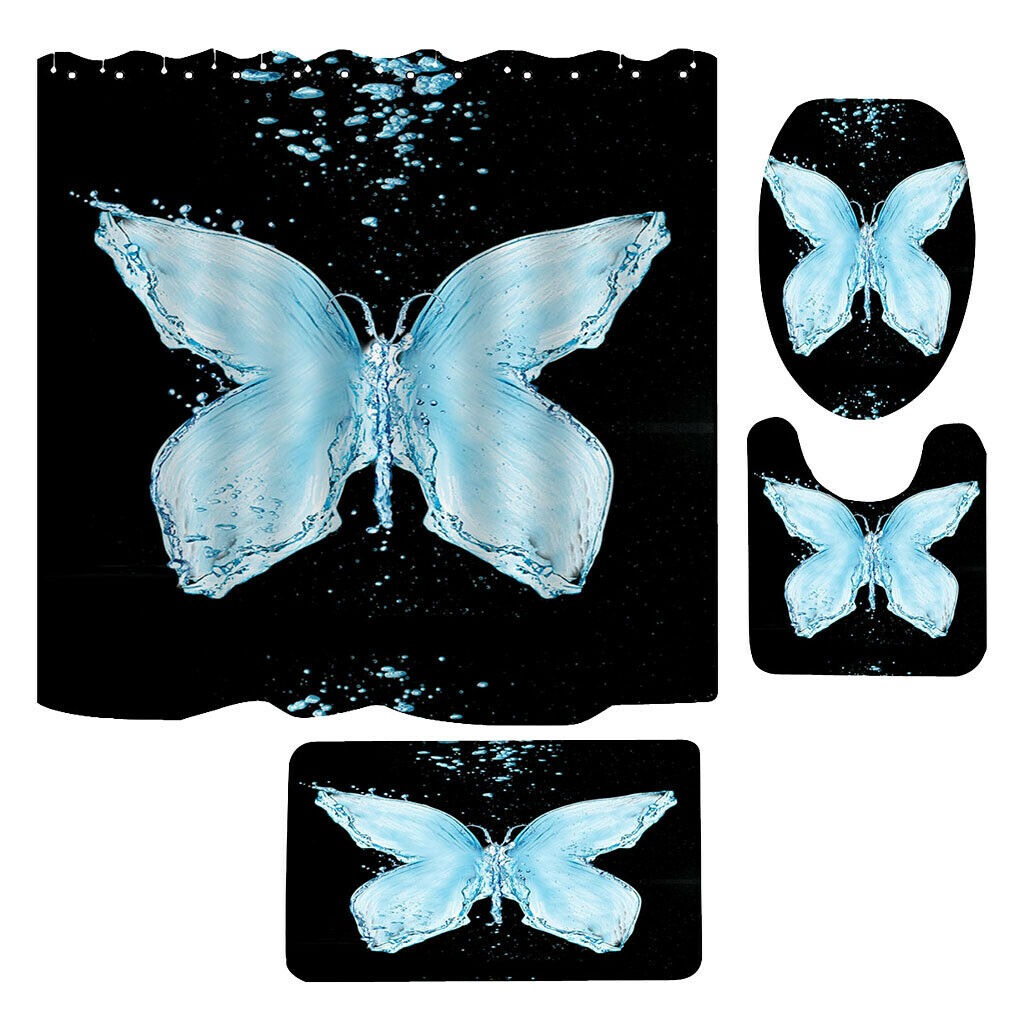 Non-Slip Bath Mat Contour Mat Toilet Lid Cover Shower Curtain Butterfly B