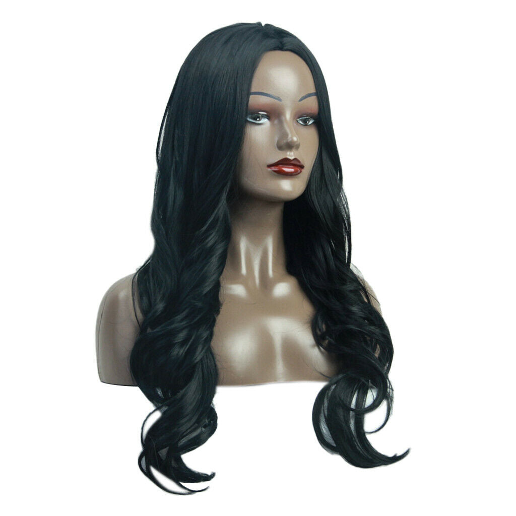 Black 24" Soft Synthetic Hair Long Wavy Curly Wig Side Parting for Women