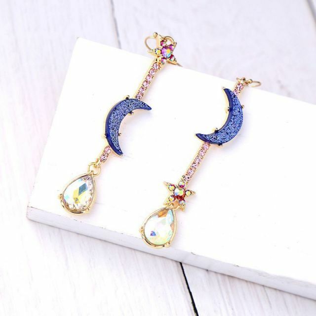 New Fashion Women Jewelry Blue CZ Moon&star Drop Dangle Earrings Long Jewelry