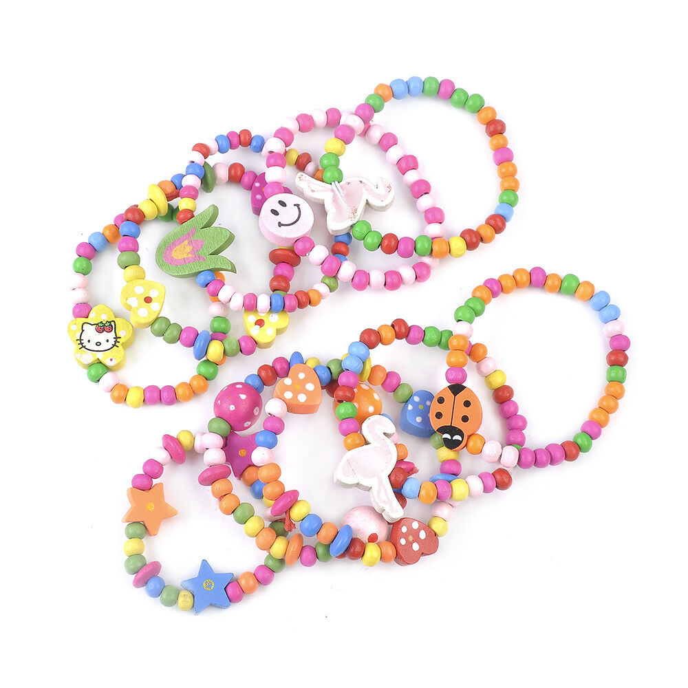 12 x Lovely Kids Children Wood Elastic Bead-Bracelets Birthday Party Jewelry
