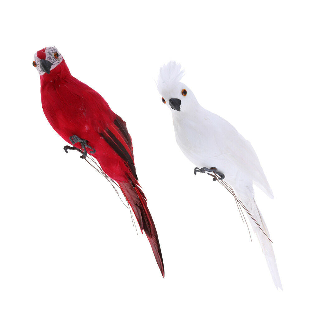 2x Realistic Parrot Artificial Feather Bird Animal Ornament Decor White & Red