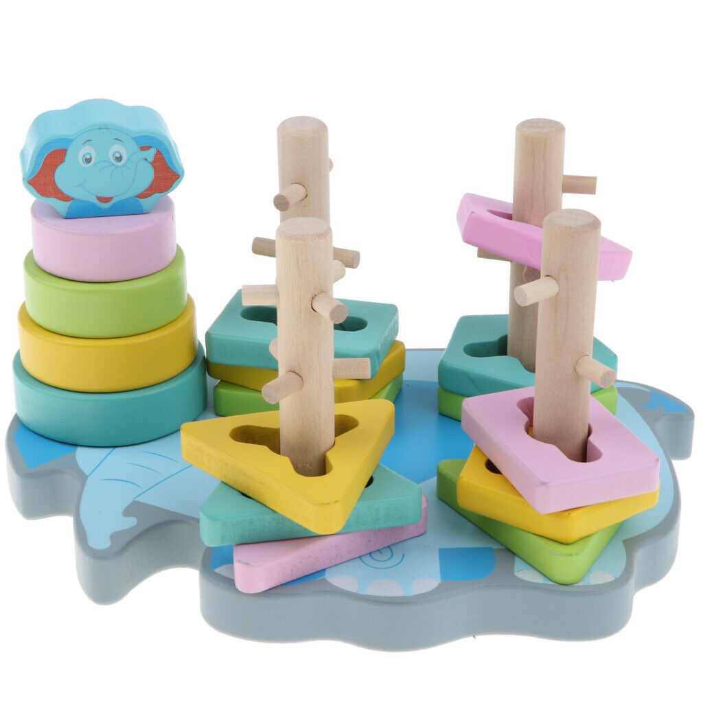 Wooden Cartoon Elephant Base Geometric Shape and Color Matching Blocks for Kids