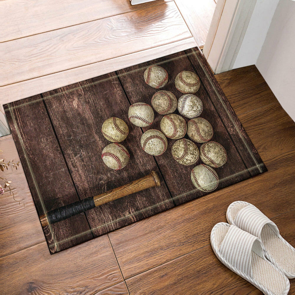 Baseball And Bat On Wooden Bathroom Rug Non-Slip Floor Door Mat Flannel 16x24"